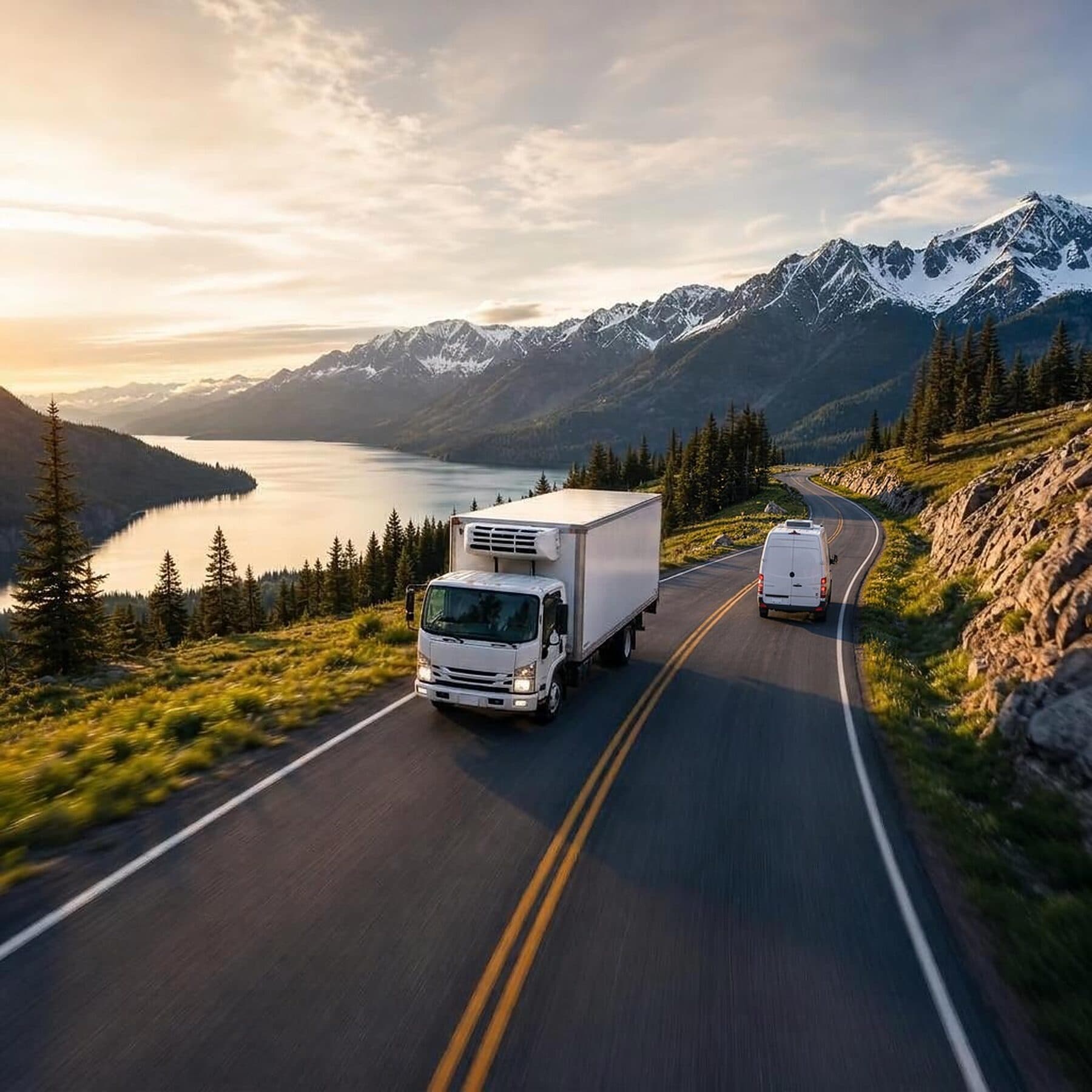 A refrigerated van and a 26-foot reefer truck passing on a winding mountain road at sunset